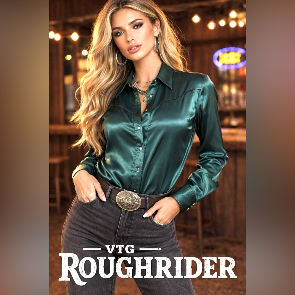VTG Roughrider Circle T Emerald Green Western Pearl Snap Satin Shirt USA Size S - Picture 3 of 9